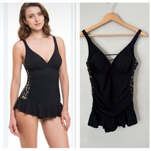 Profile by Gottex Allure V Neck Skirted One Piece Black Lace Sides Swimsuit 12D